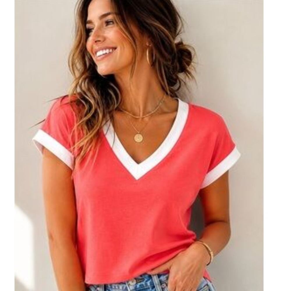 Pilcro Boxy V-Neck Tee Womens XL Coral Pink Ribbed Cap Sleeve Casual Top Shirt
